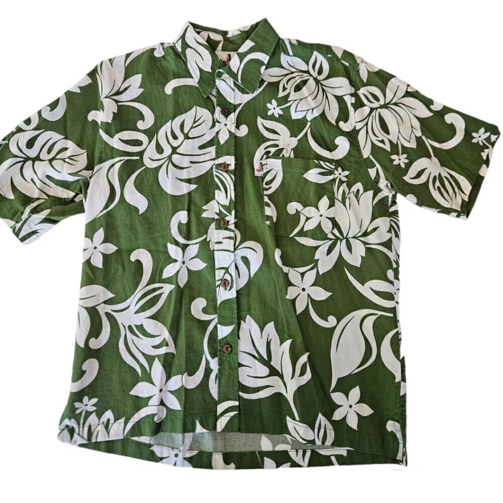 Hinano Tahiti Green Tropical Print 100% Cotton Button Down Short Sleeve Shirt M
